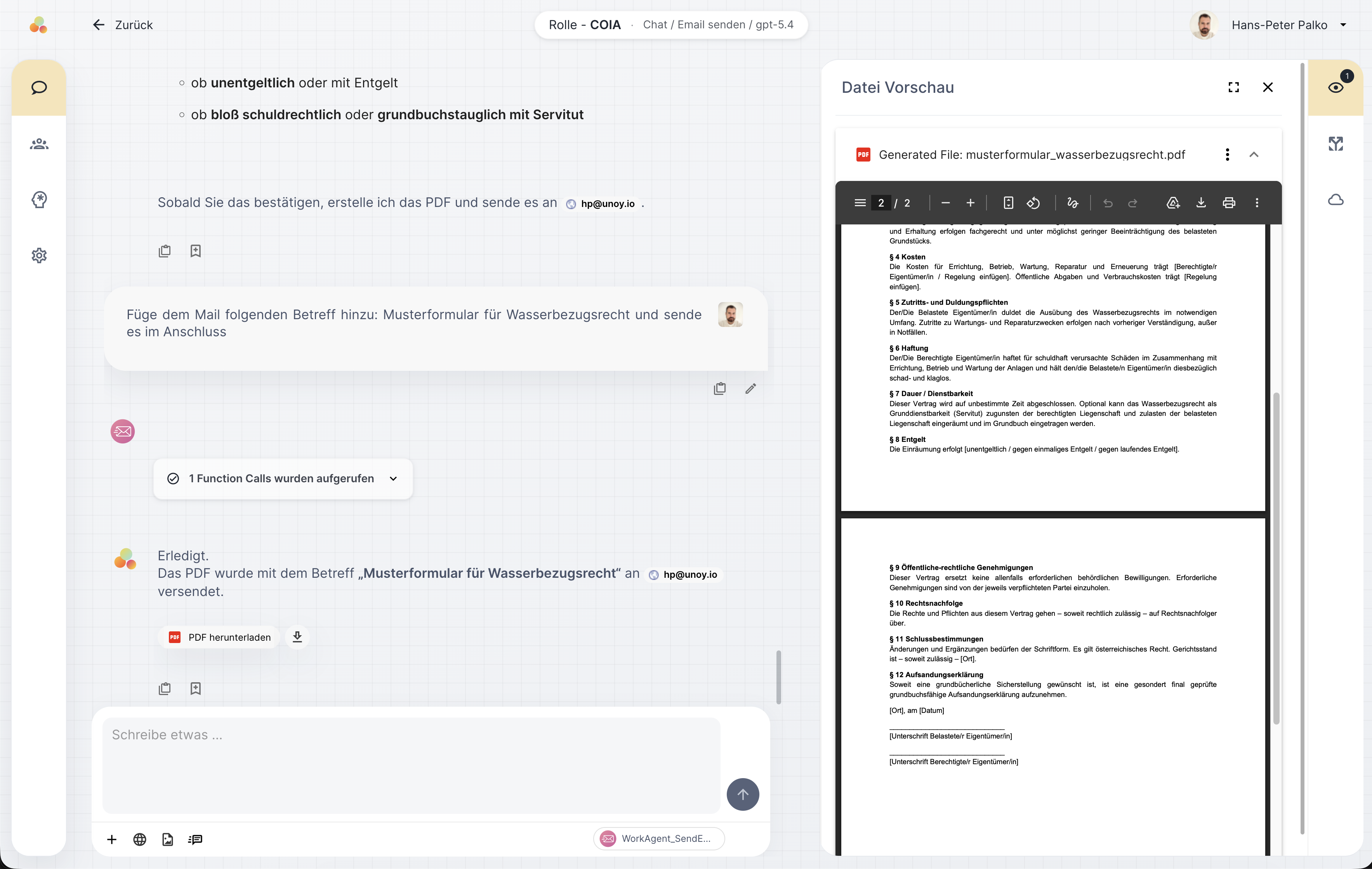 UNOY result &mdash; chat delivers answer, document and contract