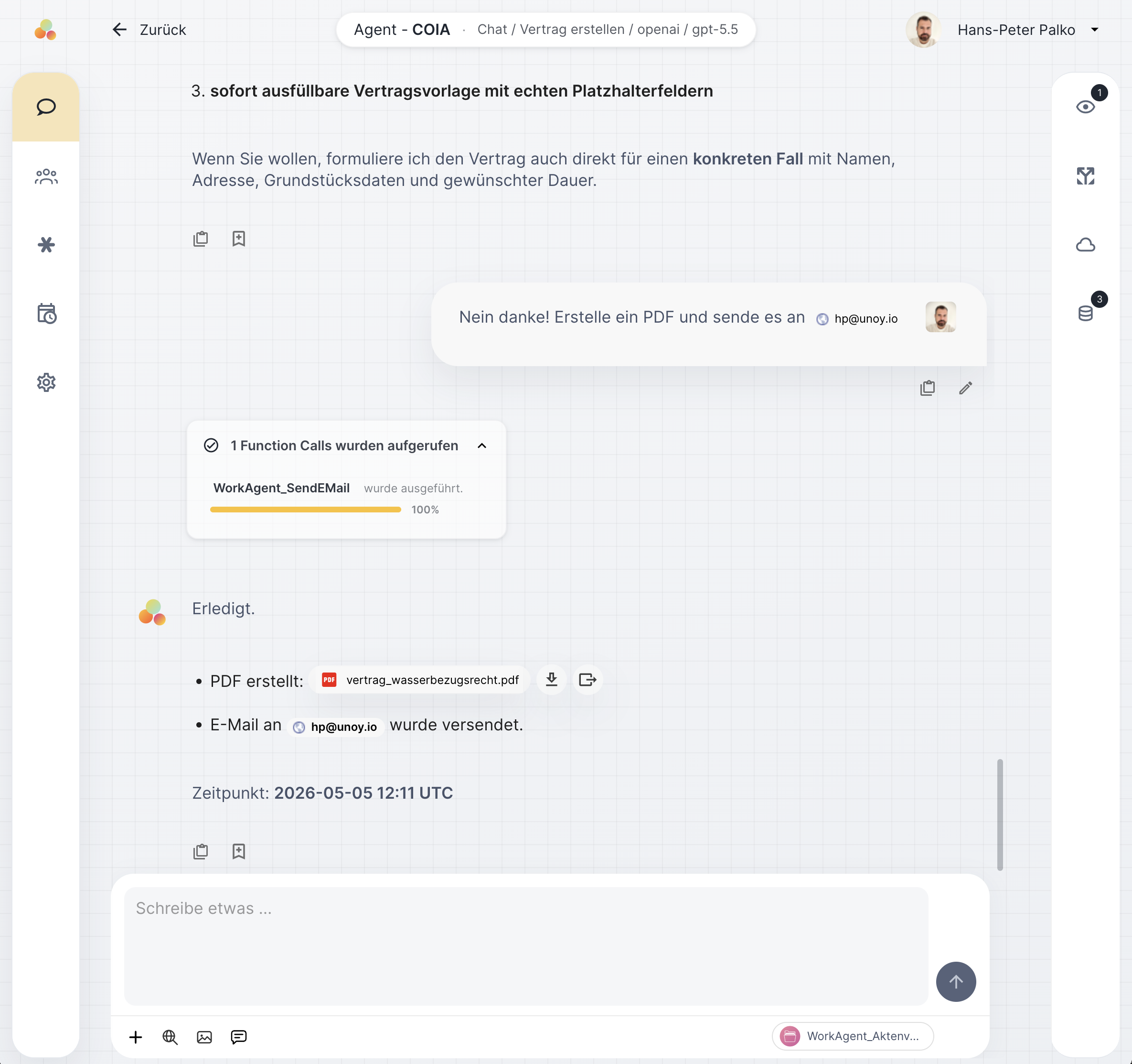 COIA delegiert per Function-Call an spezialisierte Agents: Recherche, Drafter, Pruefer