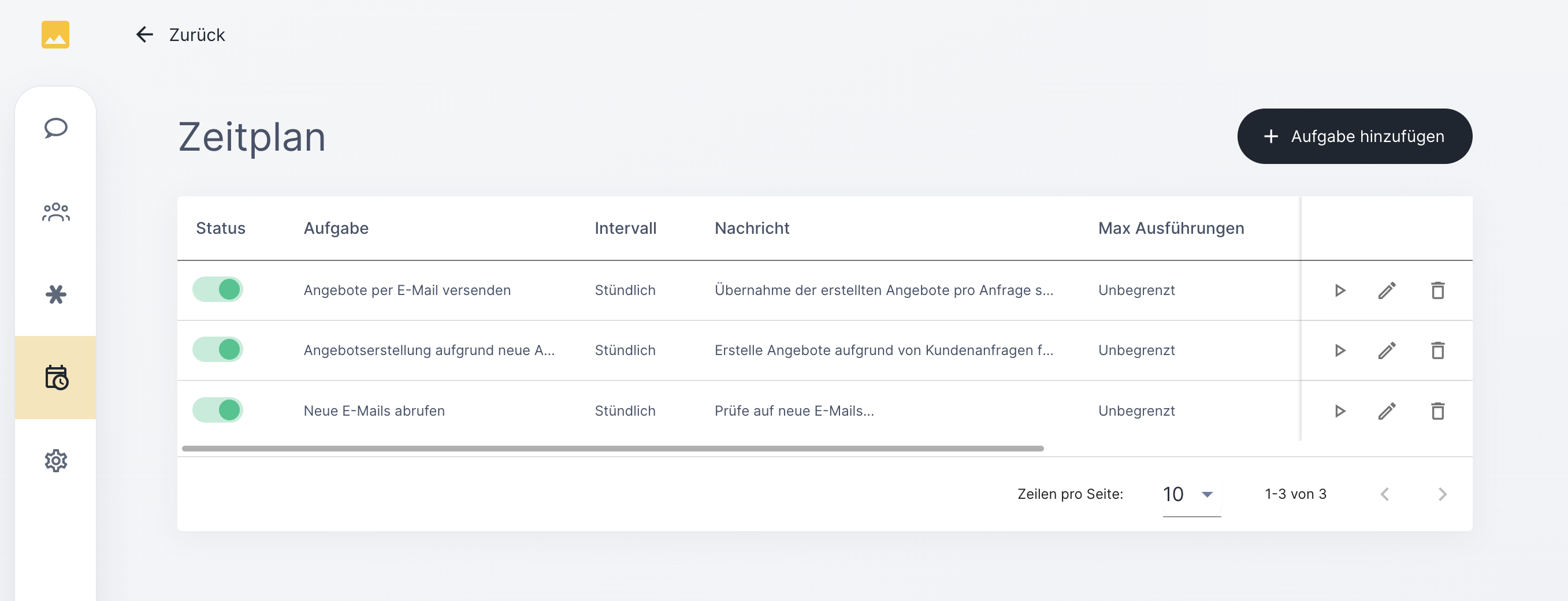 COIA Zeitplan: geplante Aufgaben mit Intervall, Nachricht und Audit-Trail