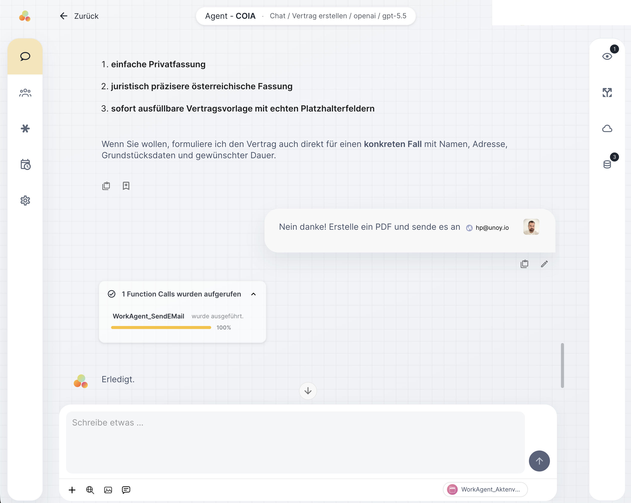 COIA erstellt im Chat einen Vertrag als PDF mit Dateivorschau