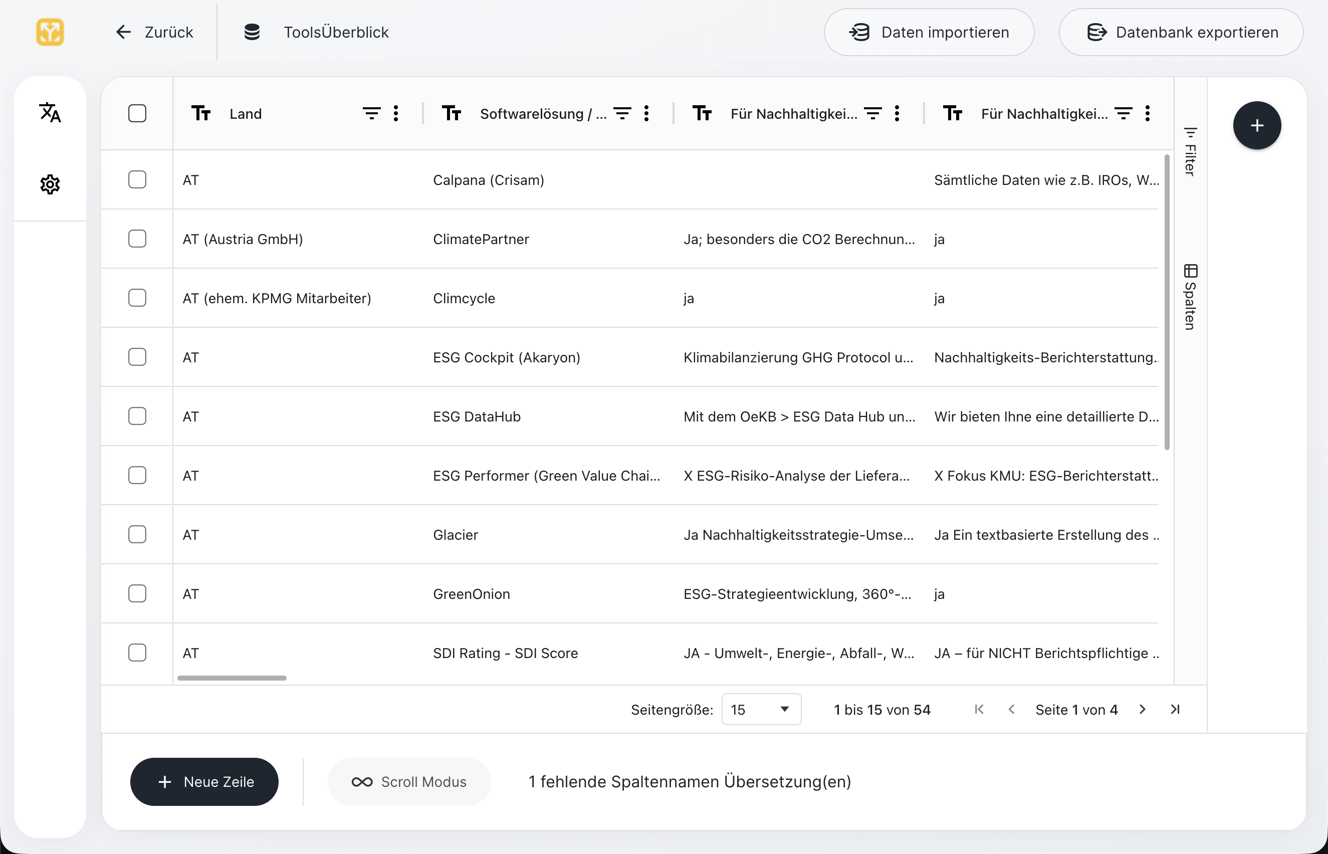 UNOY OS Datenbank-Ansicht mit Sidebar, strukturierter Zugriff auf indexierte Daten