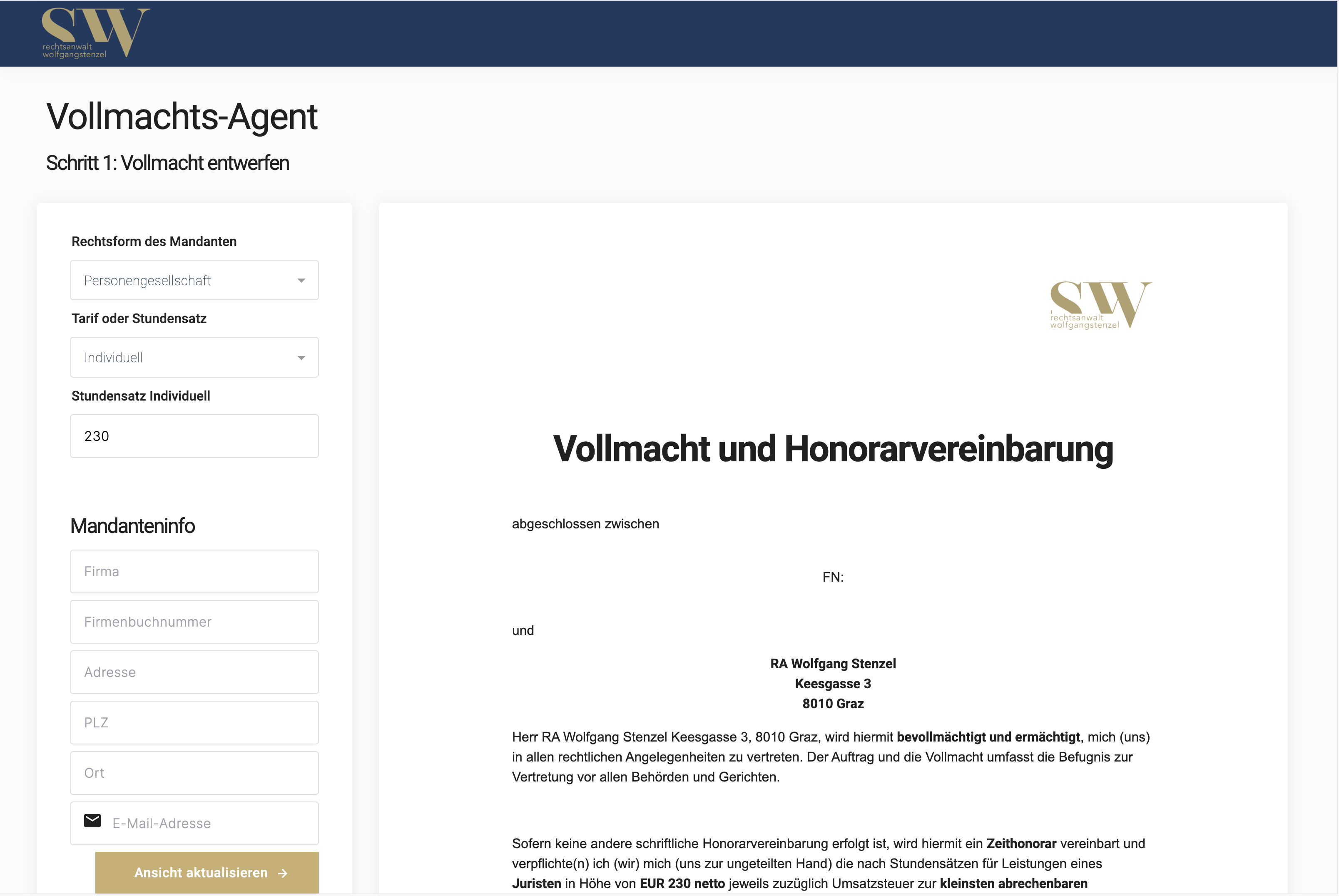 Stenzel Vollmachts-Agent, template-basiert generiert in UNOY