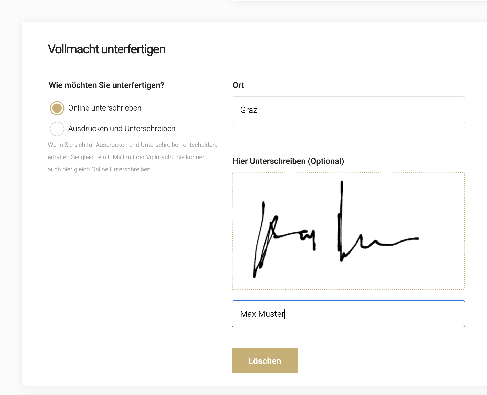 Stenzel Vollmacht unterfertigen, digitale Unterschrift in UNOY