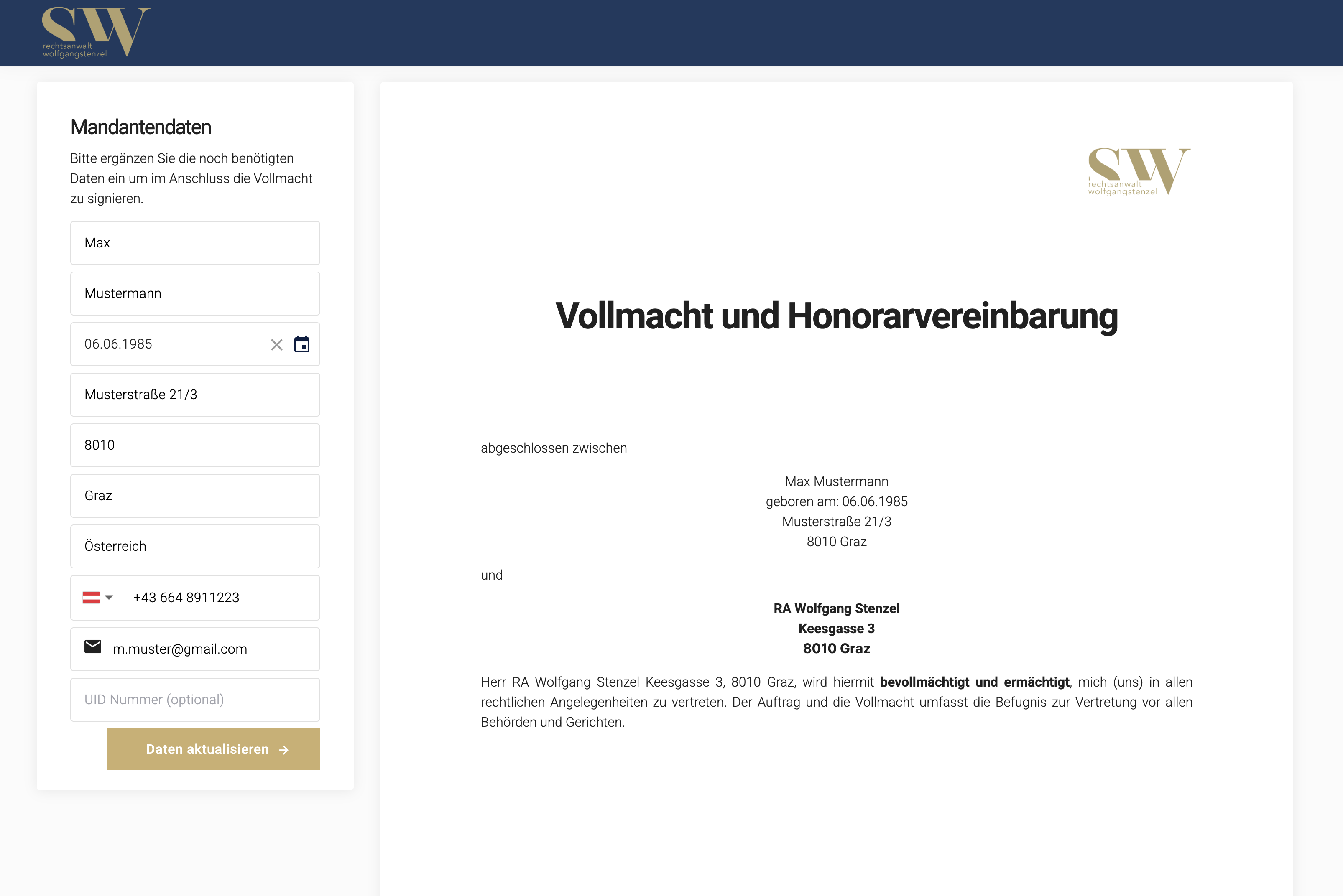 Stenzel Mandantendaten & Vollmacht-Honorarvereinbarung in UNOY