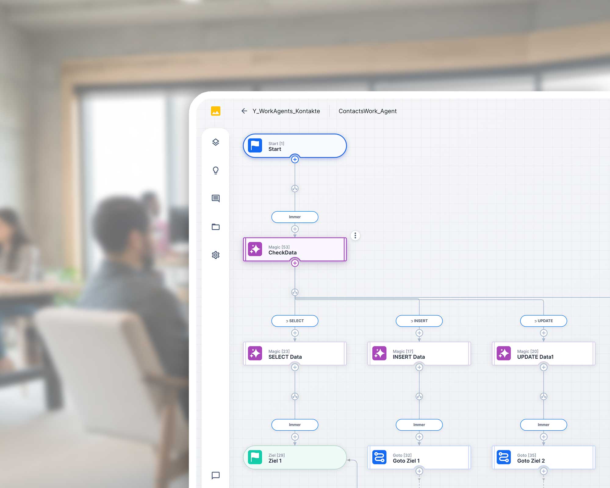 UNOY Workflow mit Datenbank-Operationen: Start, CheckData, SELECT/INSERT/UPDATE