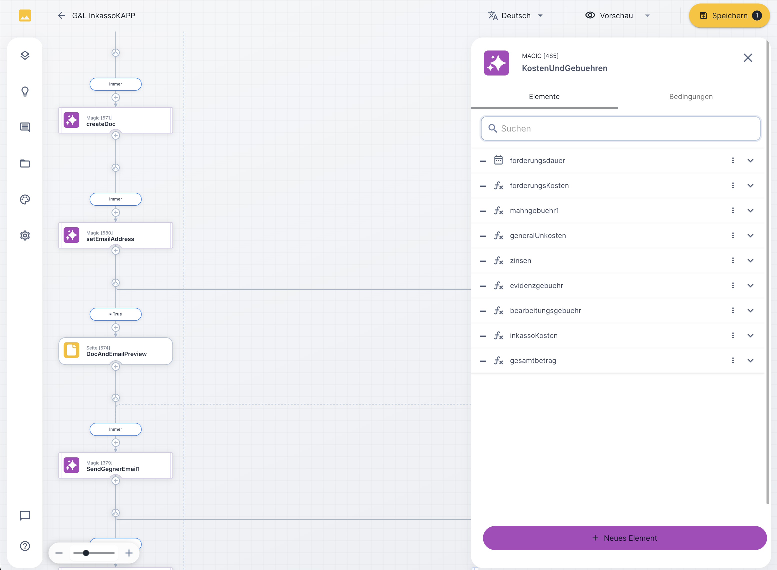 GL Inkasso Workflow-Editor: Kosten und Gebühren in UNOY