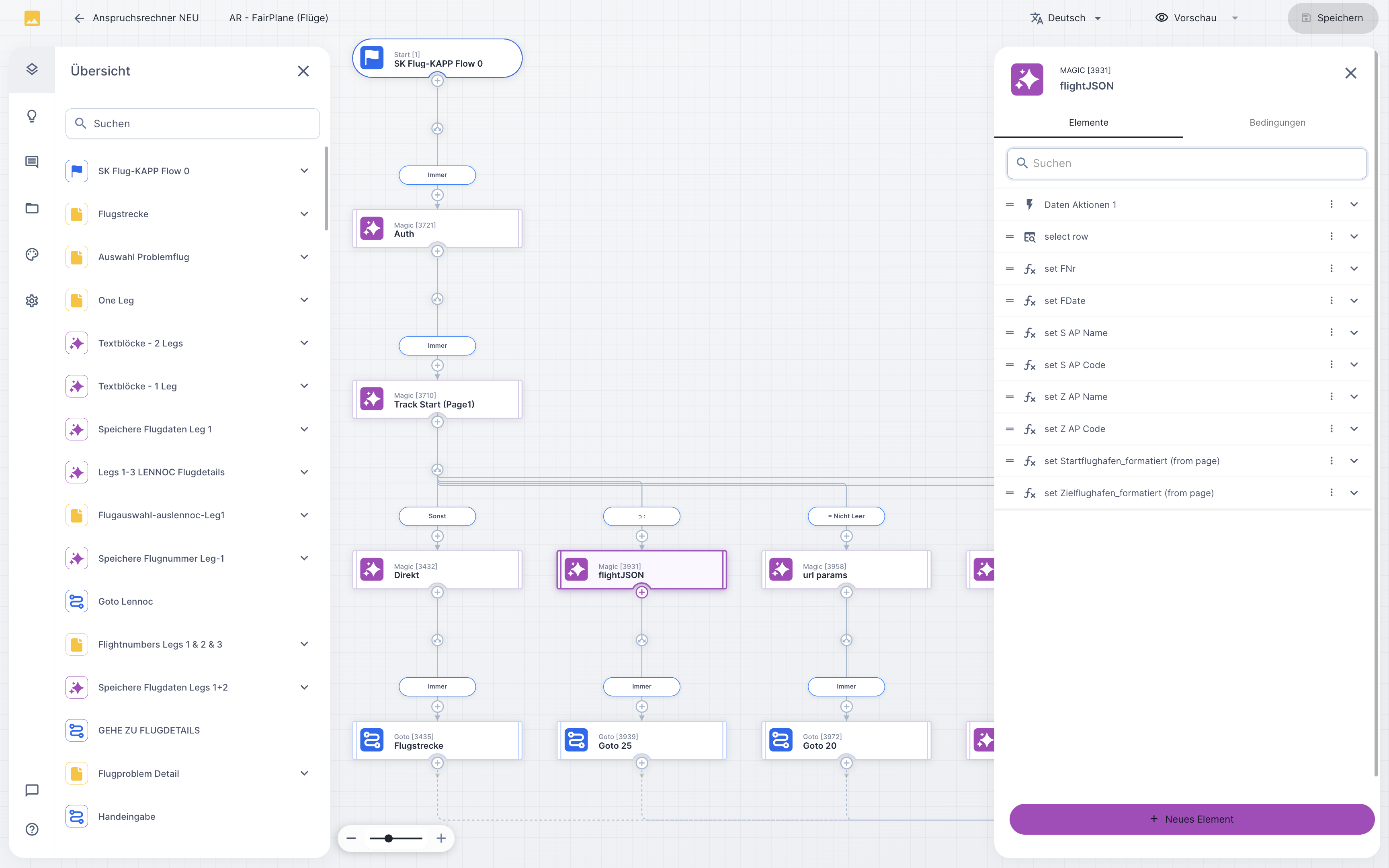 UNOY Workflow-Designer, vollständiger Flow mit Sidebar-Navigation, Diagramm und Element-Panel